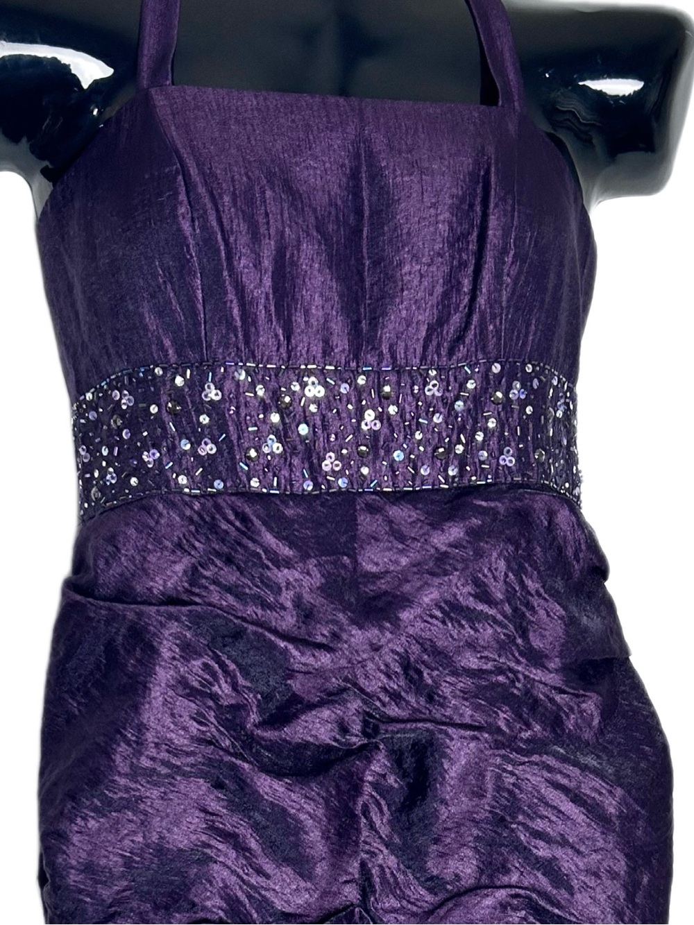 David's Bridal Plum Purple Strapless Taffeta Dress with Beaded Waist - Picture 4 of 14
